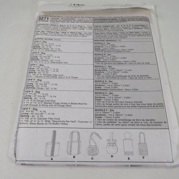 McCalls 3271 Sewing Pattern Purses/Bags 6 styles UNCUT - Picture 5 of 5